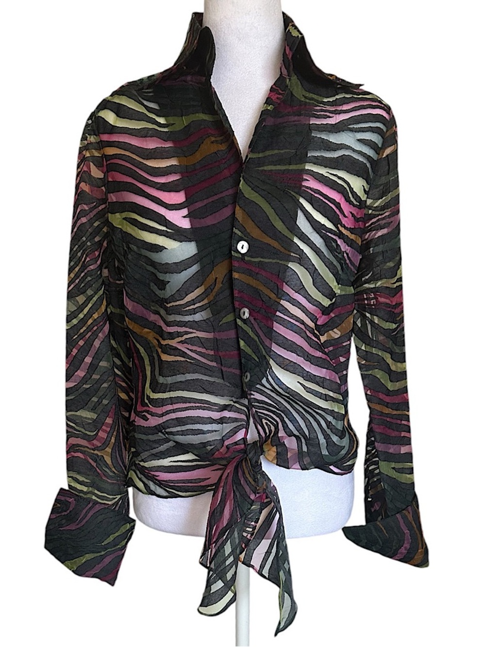 Farinaz Taghavi Blouse Women’s Size 2 Long Sleeve Tie Abstract Canada Multicolor
